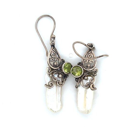925 Silver Peridot/Pearl Dangle Earrings - Picture 1 of 6